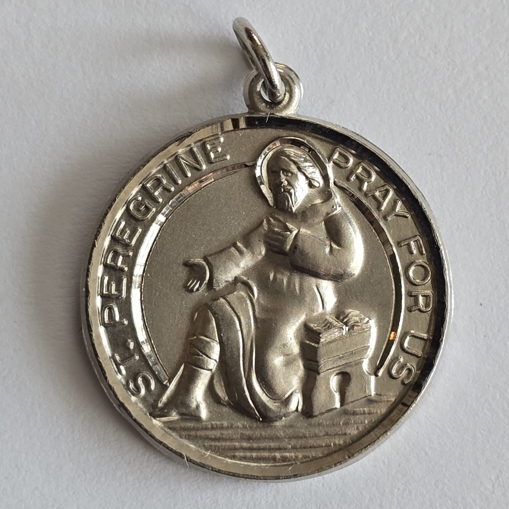 Vintage religious medal pendant silver tone catholic Saint Peregrine